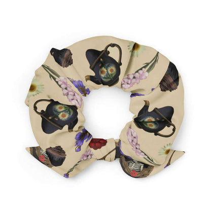 Gothic Tea Time scrunchie in black with red dahlias and stacked teacups, alternative attire