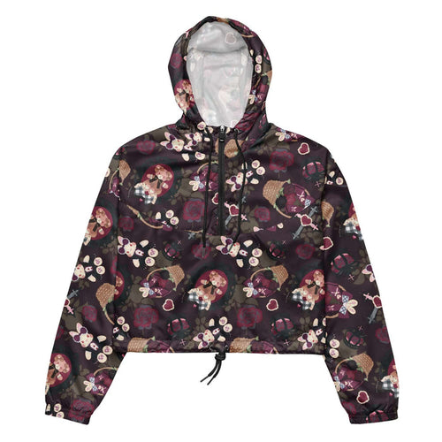 Gothic Teddy cropped windbreaker in mauve and charcoal with dark roses and heart charms, pastel goth fit