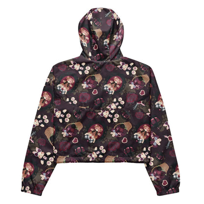 Gothic Teddy cropped windbreaker in mauve and charcoal with ornate crosses and grey-blue roses, kawaii goth style