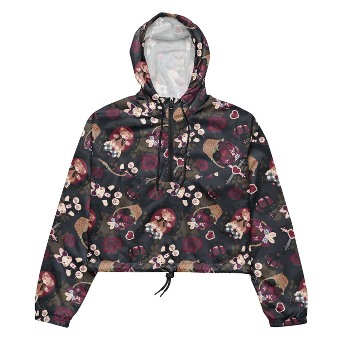 Gothic Teddy cropped windbreaker in mauve and charcoal with cameo teddies and crimson roses, goth activewear