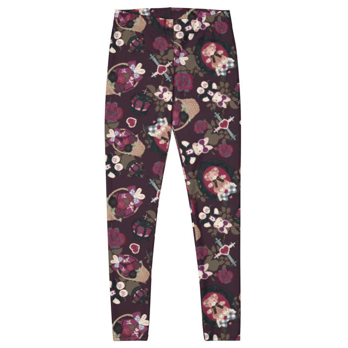 Gothic Teddy leggings in mauve and charcoal with cameo teddies and winged bunnies, pastel goth fit
