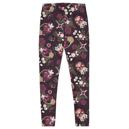 Gothic Teddy leggings in mauve and charcoal with cameo teddies and winged bunnies, pastel goth fit