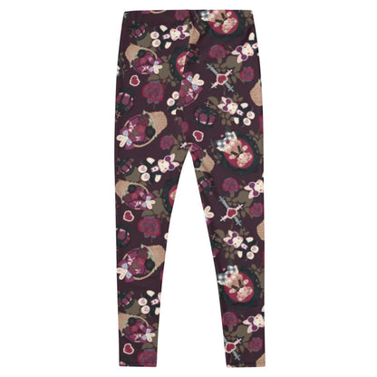 Gothic Teddy leggings in mauve and charcoal with black crowns and crimson roses, kawaii goth style