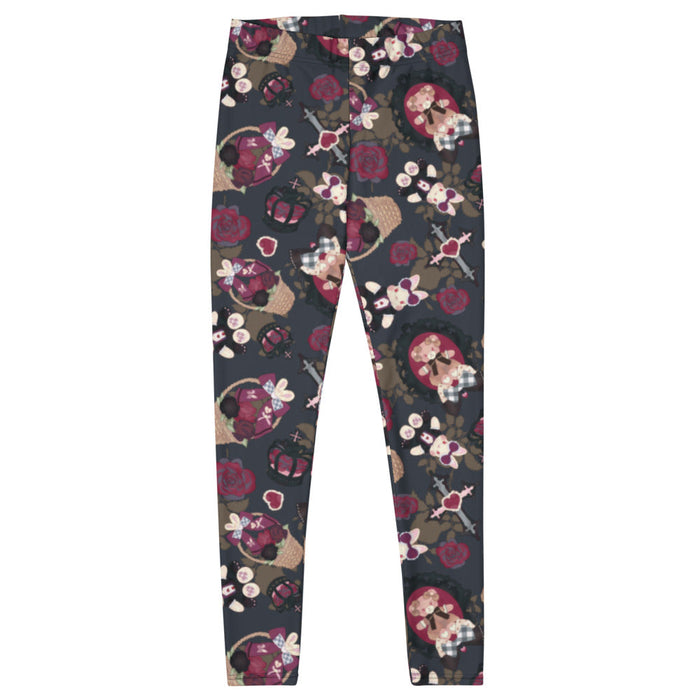 Gothic Teddy leggings in mauve and charcoal with dark roses and heart charms, goth activewear