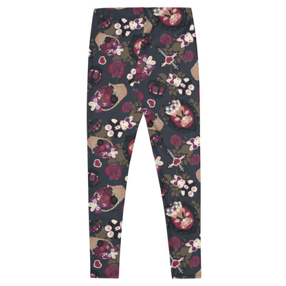 Gothic Teddy leggings in mauve and charcoal with ornate crosses and grey-blue roses, alternative style