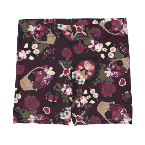 Gothic Teddy lounge shorts in mauve and charcoal with dark roses and heart charms, goth activewear