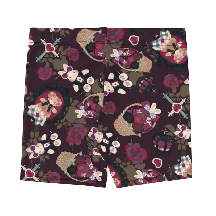 Gothic Teddy lounge shorts in mauve and charcoal with ornate crosses and grey-blue roses, alternative style