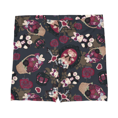 Gothic Teddy lounge shorts in mauve and charcoal with cameo teddies and crimson roses, pastel goth fit