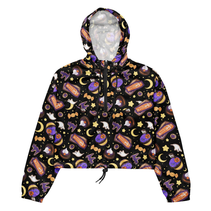 Halloween Treat alternative cropped windbreaker in black with witch hats and wrapped candies