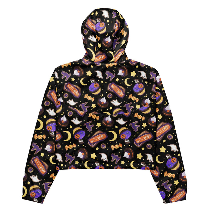 Halloween Treat alternative cropped windbreaker in black with crescent moons and coffin cakes