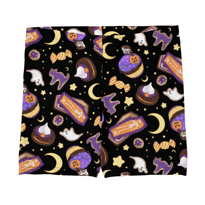 Halloween Treat alternative shorts in black with crescent moons and coffin cakes