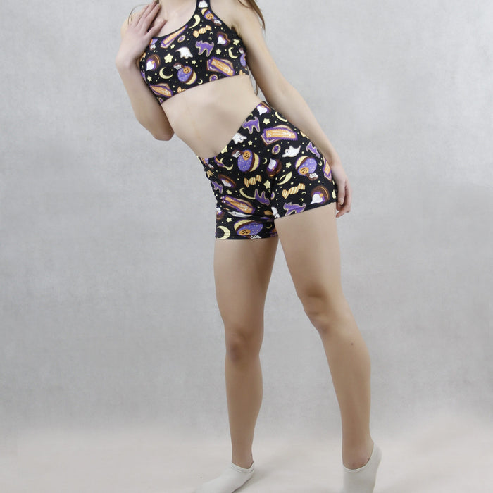 Halloween Treat alternative shorts in black with wrapped candies and RIP cookies