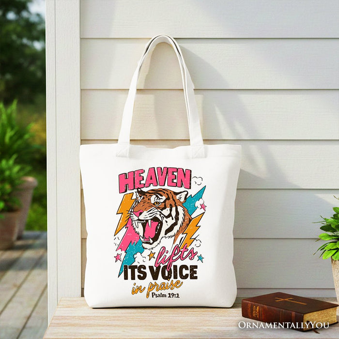 Heaven Lifts its Voice in Praise Christian Tote Bag, Tiger Psalm 191 Bible Verse Gift Shopper Tote Bag OrnamentallyYou White