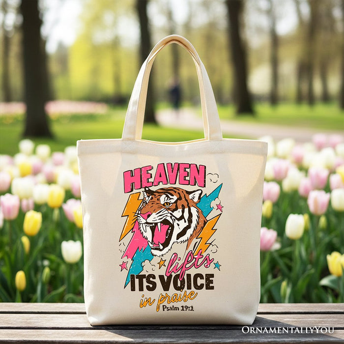 Heaven Lifts its Voice in Praise Christian Tote Bag, Tiger Psalm 191 Bible Verse Gift Shopper Tote Bag OrnamentallyYou Beige