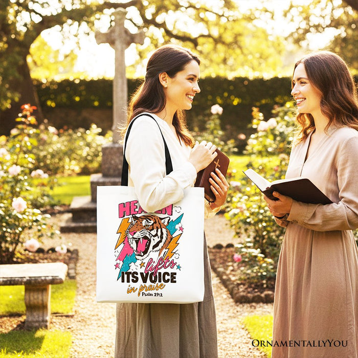 Heaven Lifts its Voice in Praise Christian Tote Bag, Tiger Psalm 191 Bible Verse Gift Shopper Tote Bag OrnamentallyYou