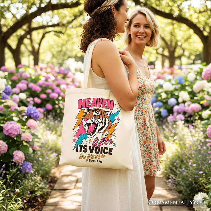 Heaven Lifts its Voice in Praise Christian Tote Bag, Tiger Psalm 191 Bible Verse Gift Shopper Tote Bag OrnamentallyYou