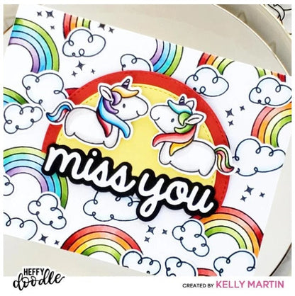 Heffy Doodle - Heffy Cuts Die - Miss You. A metal cutting die of the words 'Miss You’ in a script font style, in addition to a matching outline die to create a shadow matt layer. Use together or separately to create different looks for your projects. Measuring approximately 3.5"x1.25". Available at Embellish Away located in Bowmanville Ontario Canada. card Example by Kelly Martin