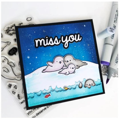 Heffy Doodle - Heffy Cuts Die - Miss You. A metal cutting die of the words 'Miss You’ in a script font style, in addition to a matching outline die to create a shadow matt layer. Use together or separately to create different looks for your projects. Measuring approximately 3.5"x1.25". Available at Embellish Away located in Bowmanville Ontario Canada. Card example by Heffy Doodle.