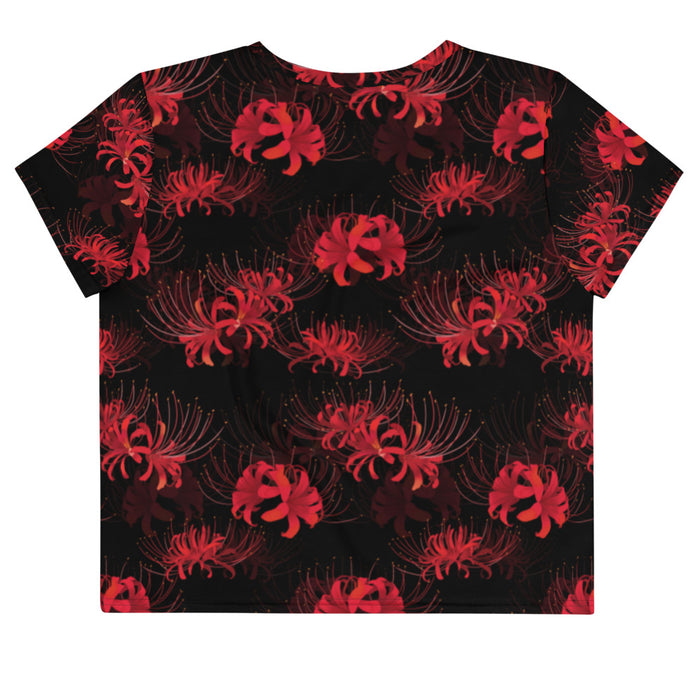 Higanbana gothic crop top in red with red spider lily blooms on black