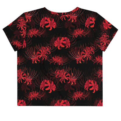 Higanbana gothic crop top in red with red spider lily blooms on black