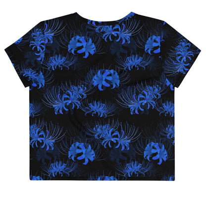 Higanbana gothic crop top in blue with blue spider lily blooms on black