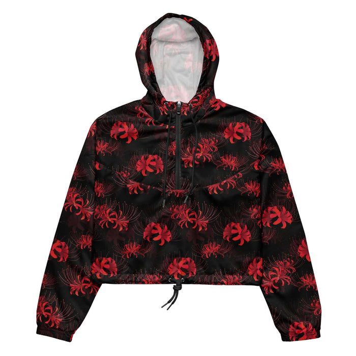 Higanbana gothic cropped windbreaker in red with red spider lilies on black