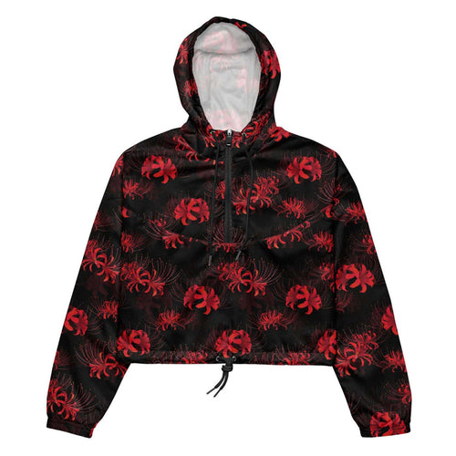 Higanbana gothic cropped windbreaker in red with red spider lilies on black