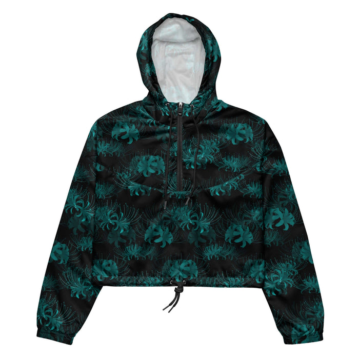 Higanbana gothic cropped windbreaker in black with red, blue and teal spider lilies