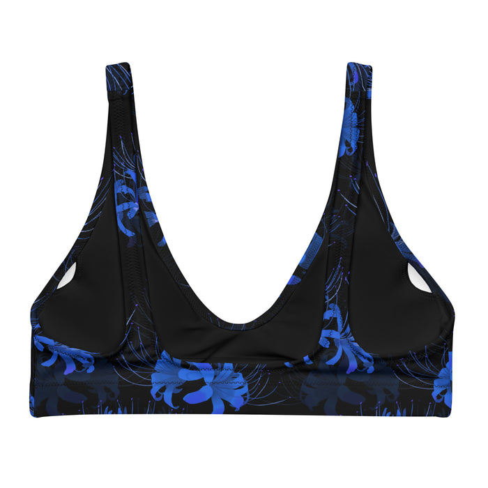 Higanbana gothic padded bikini top in blue with blue spider lily blooms on black