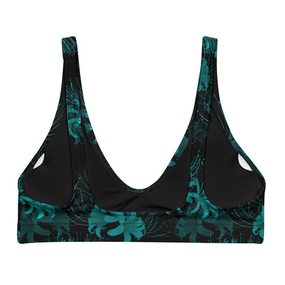 Higanbana gothic padded bikini top in teal with teal spider lily blooms on black