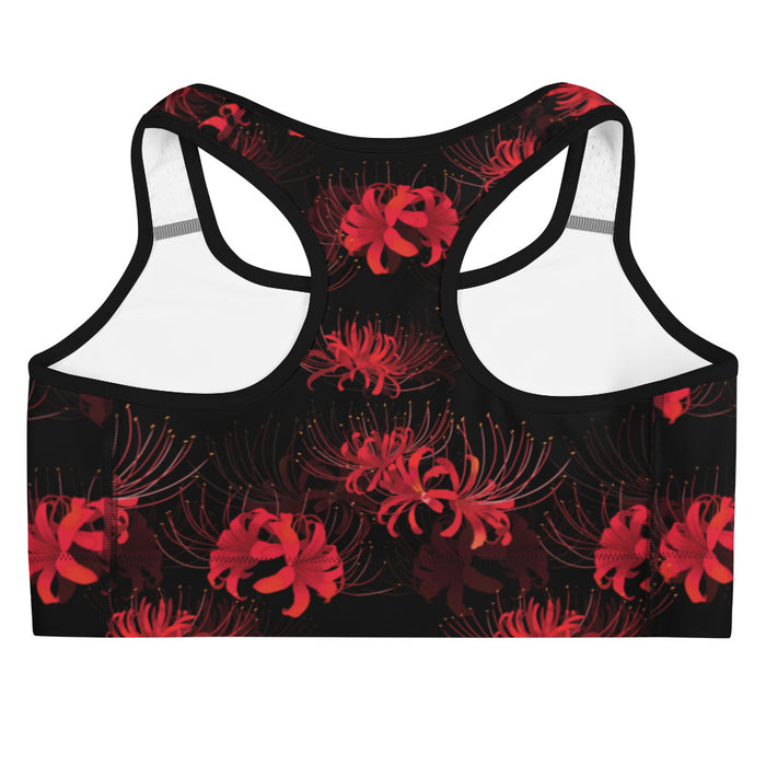 Higanbana gothic sports bra in red with red spider lily blooms on black