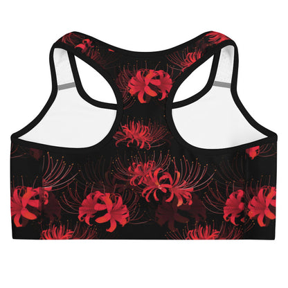 Higanbana gothic sports bra in red with red spider lily blooms on black