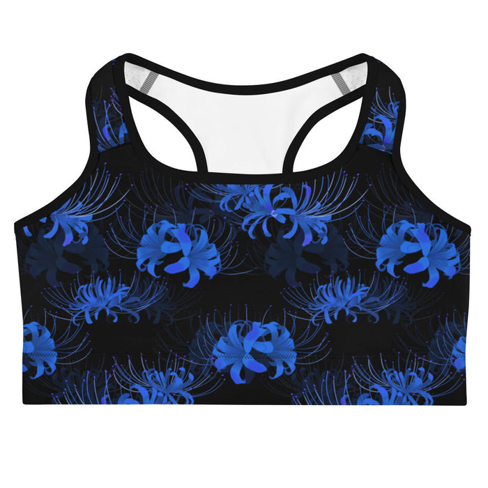 Higanbana gothic sports bra in blue with blue spider lilies on black