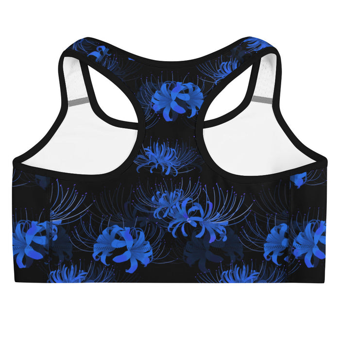 Higanbana gothic sports bra in blue with blue spider lily blooms on black