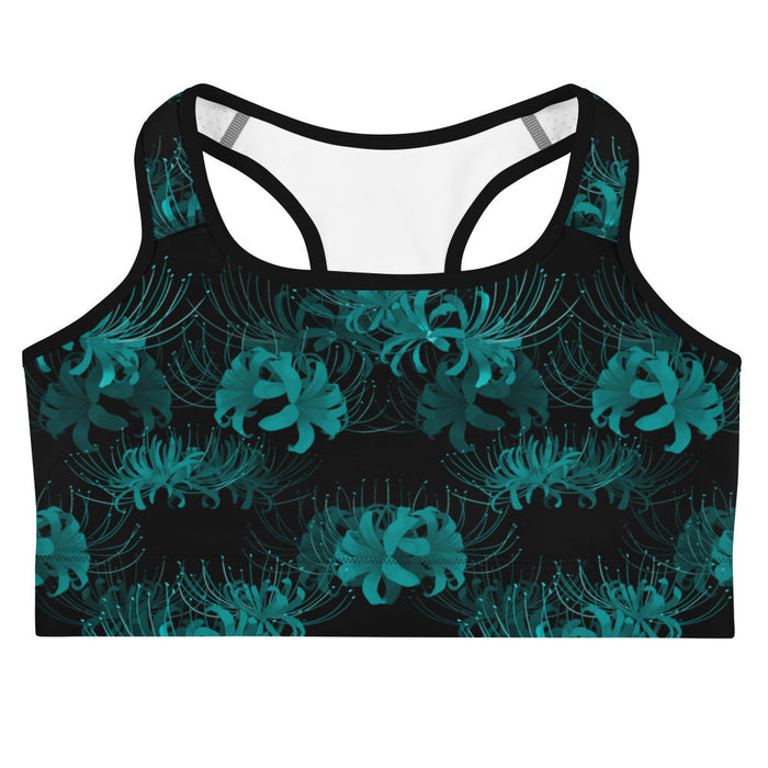 Higanbana gothic sports bra in teal with teal spider lilies on black