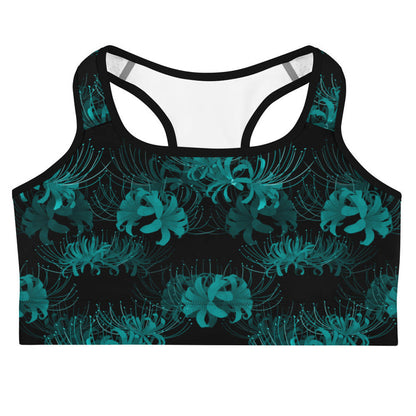Higanbana gothic sports bra in teal with teal spider lilies on black
