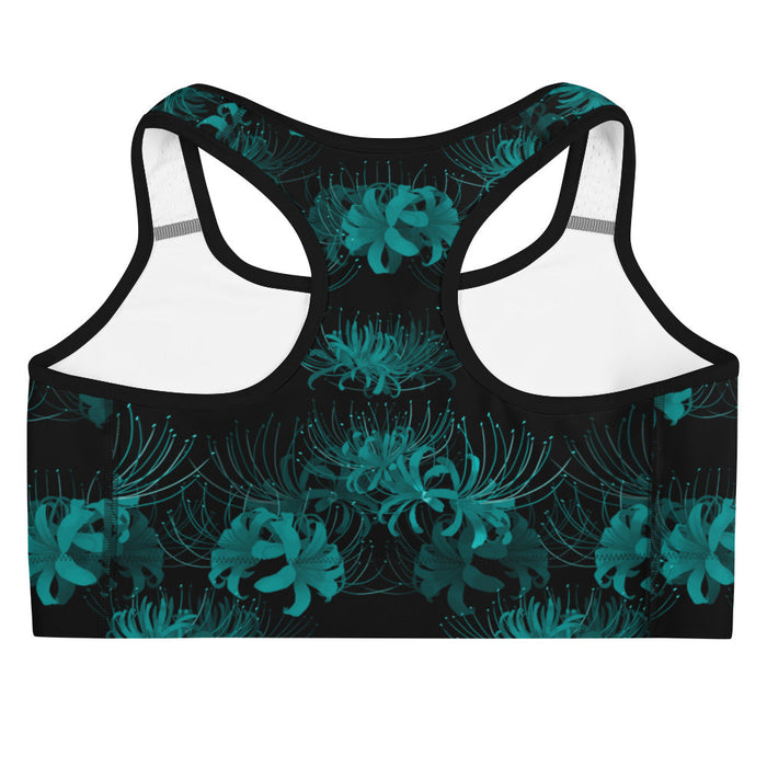 Higanbana gothic sports bra in black with red, blue and teal spider lilies