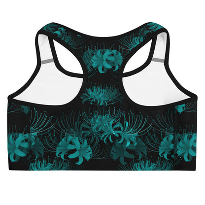 Higanbana gothic sports bra in black with red, blue and teal spider lilies