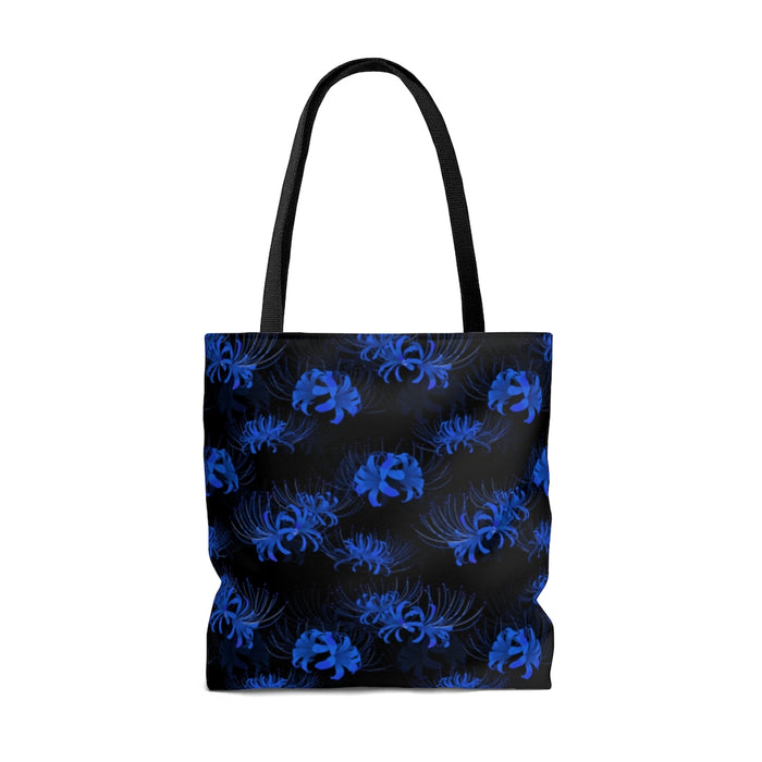 Stylish Higanbana Tote Bag (Blue) featuring a unique Spider Lily print, perfect for any outing or gym session.