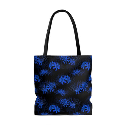 Stylish Higanbana Tote Bag (Blue) featuring a unique Spider Lily print, perfect for any outing or gym session.