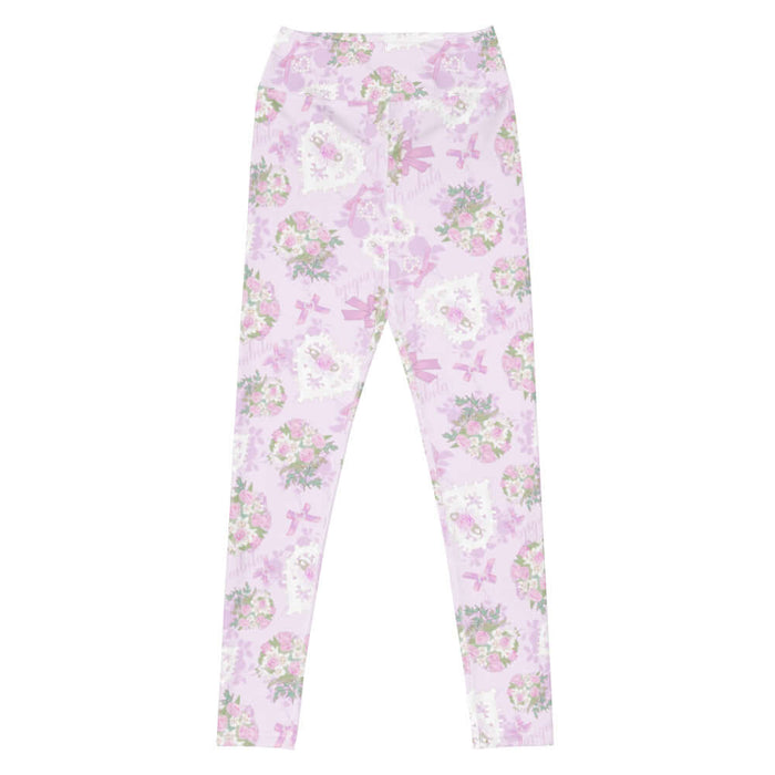 Anniversary kawaii high-waisted leggings in pink with lace heart lockets and trailing rose sprigs