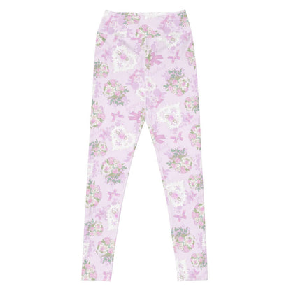 Anniversary kawaii high-waisted leggings in pink with lace heart lockets and trailing rose sprigs