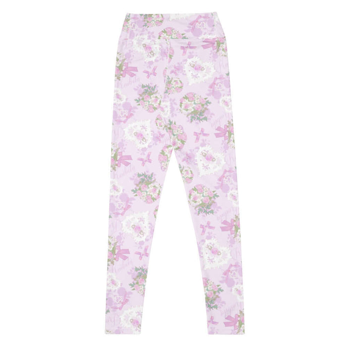 Anniversary kawaii high-waisted leggings in blush and periwinkle with trailing rose sprigs and lace hearts