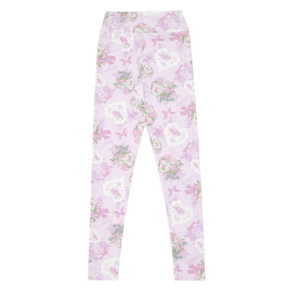 Anniversary kawaii high-waisted leggings in blush and periwinkle with trailing rose sprigs and lace hearts