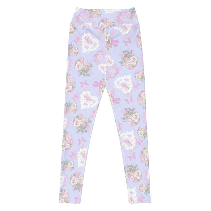 Anniversary kawaii high-waisted leggings in blush and periwinkle with pink rose bouquets and lace hearts