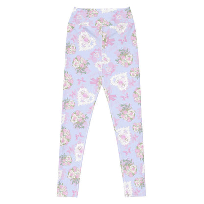 Anniversary kawaii high-waisted leggings in blush and periwinkle with pink rose bouquets and lace hearts