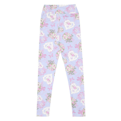 Anniversary kawaii high-waisted leggings in blush and periwinkle with lace hearts and satin ribbon bows