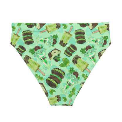 Choco Mint kawaii high-waisted bikini bottom in mint with layered mint parfaits and chocolate-dipped mint squares