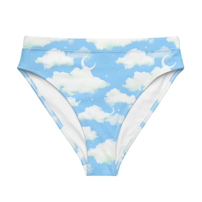 Cloudy Sky kawaii high-waisted bikini bottom with drifting clouds and tiny stars on a pastel sky