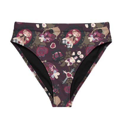 Gothic Teddy high-waisted bikini bottom in mauve and charcoal with cameo teddies and crimson roses, pastel goth swim
